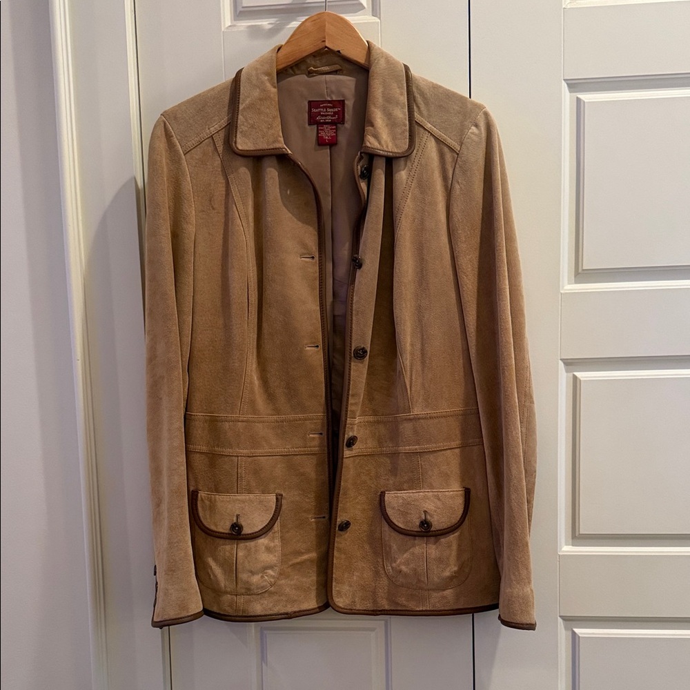 Women’s Tan Suede Jacket.  Genuine suede with leather trim